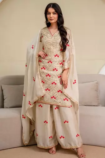 Ivory chiffon satin embroidered kurta palazzo set with dupatta