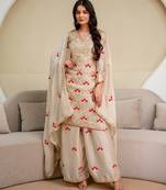 Ivory chiffon satin embroidered kurta palazzo set with dupatta