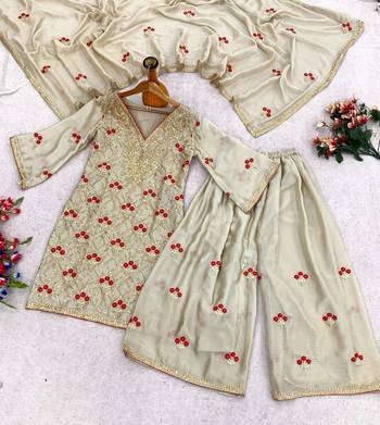 Ivory chiffon satin embroidered kurta palazzo set with dupatta 2