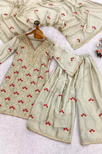 Ivory chiffon satin embroidered kurta palazzo set with dupatta
