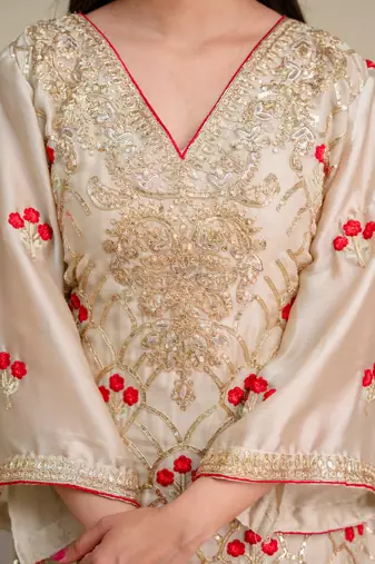 Ivory chiffon satin embroidered kurta palazzo set with dupatta