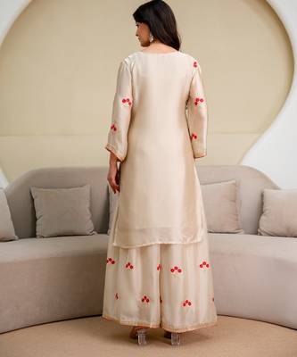 Ivory chiffon satin embroidered kurta palazzo set with dupatta 4