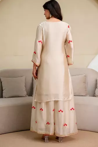 Ivory chiffon satin embroidered kurta palazzo set with dupatta