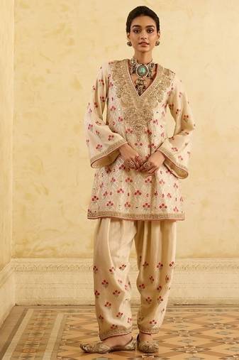 Ivory chiffon satin embroidered kurta palazzo set with dupatta