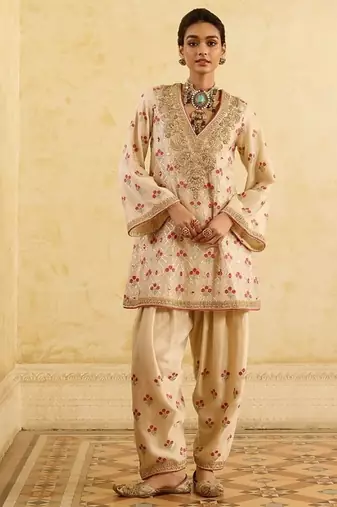 Ivory chiffon satin embroidered kurta palazzo set with dupatta