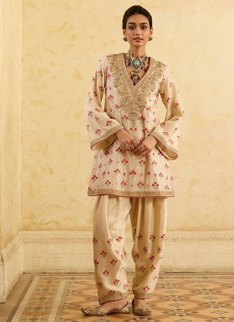 Ivory chiffon satin embroidered kurta palazzo set with dupatta