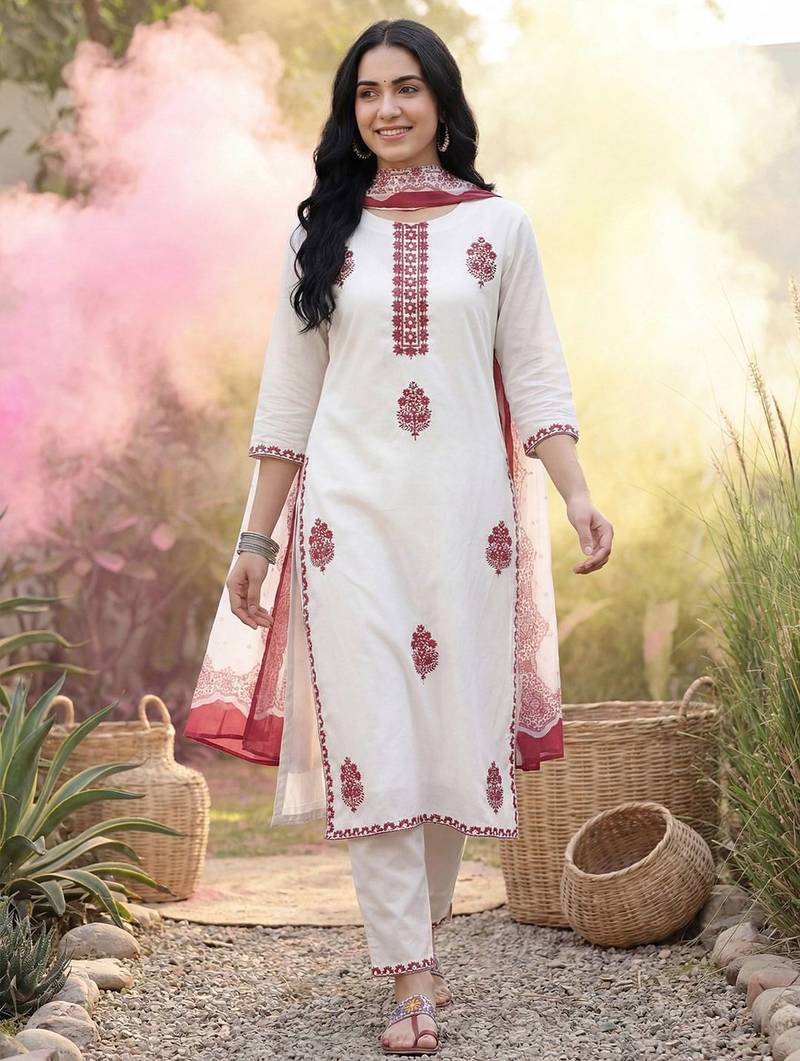 Women Floral Embroidered Regular Thread Work Pure Cotton Kurta with Trousers & With Dupatta