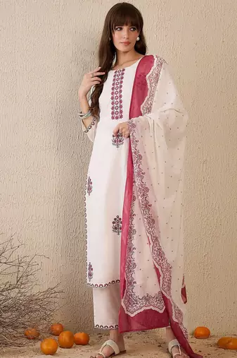 Women Floral Embroidered Regular Thread Work Pure Cotton Kurta with Trousers & With Dupatta