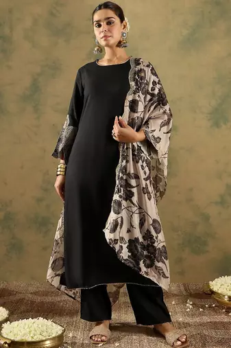 Round Neck Straight Kurta With Trousers & Dupatta