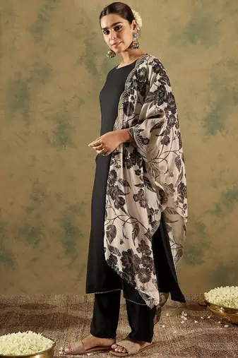 Round Neck Straight Kurta With Trousers & Dupatta