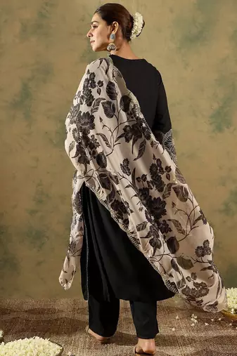 Round Neck Straight Kurta With Trousers & Dupatta