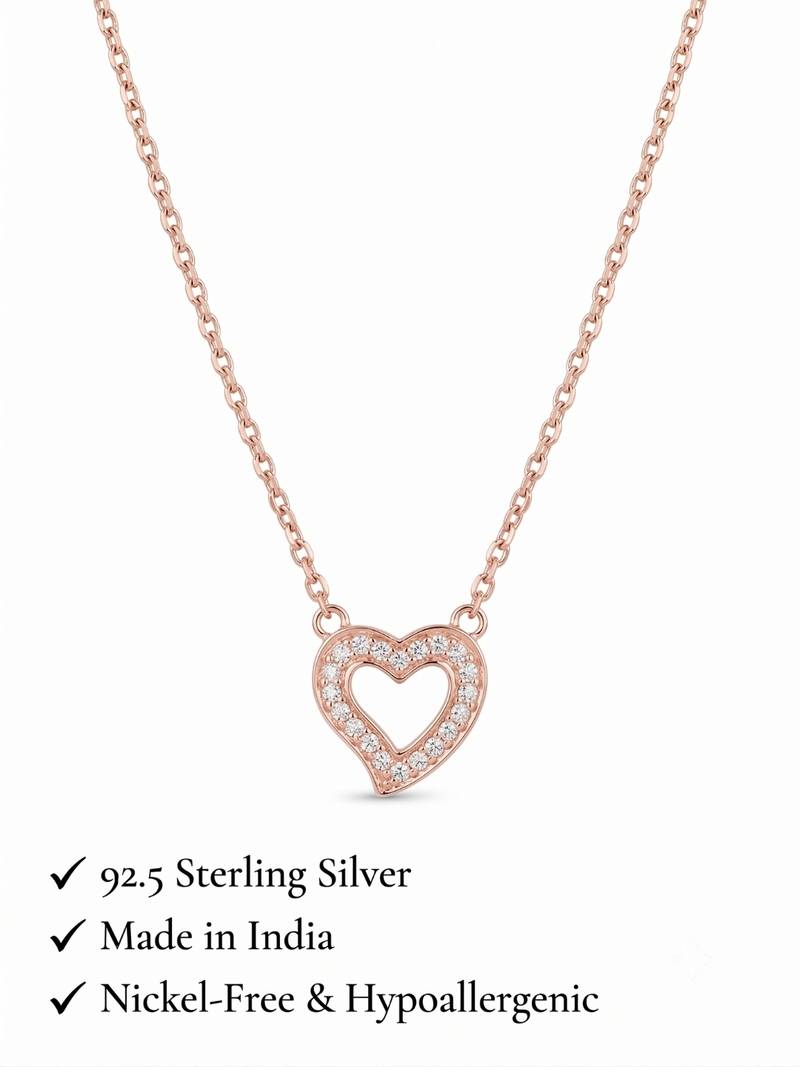 925 Sterling Silver Rose Gold  Open Heart Pendant Necklace  Set for Women