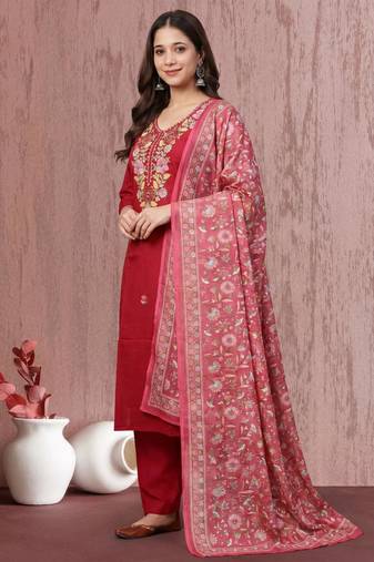 Women's Beautiful Embroidery Work Mul Chanderi Fabric Straight Kurta Pant and Dupatta Set