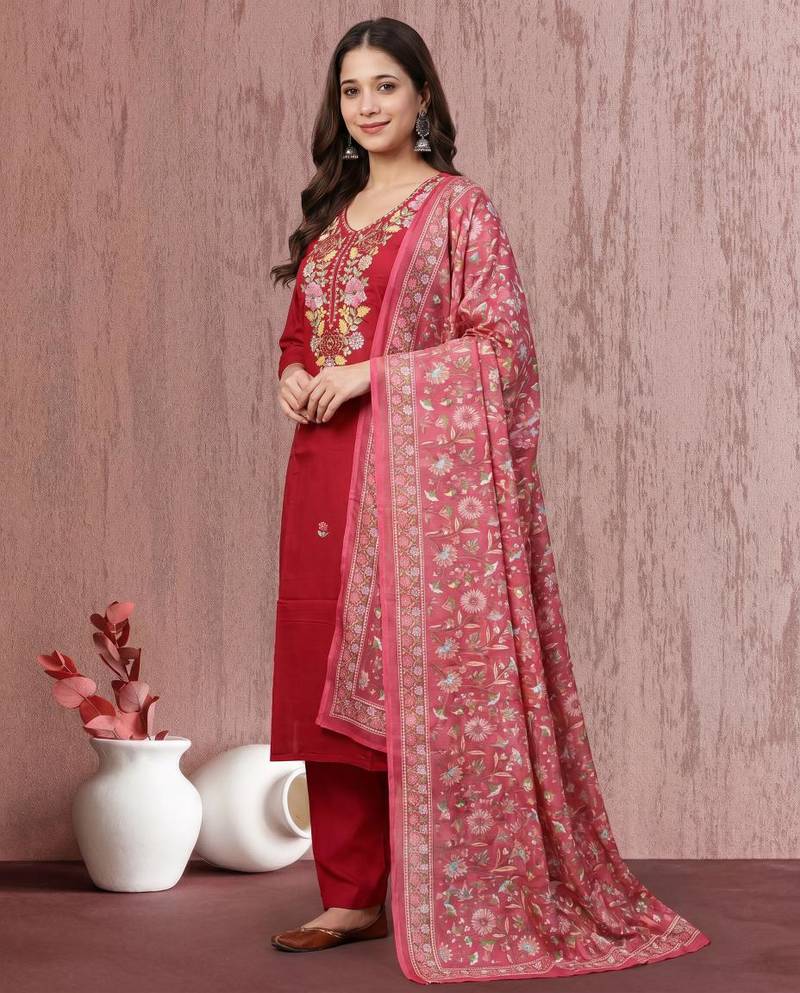 Women's Beautiful Embroidery Work Mul Chanderi Fabric Straight Kurta Pant and Dupatta Set