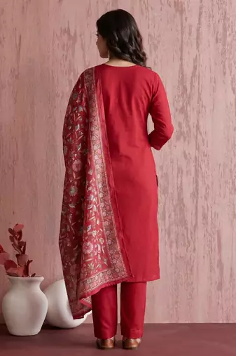 Women's Beautiful Embroidery Work Mul Chanderi Fabric Straight Kurta Pant and Dupatta Set