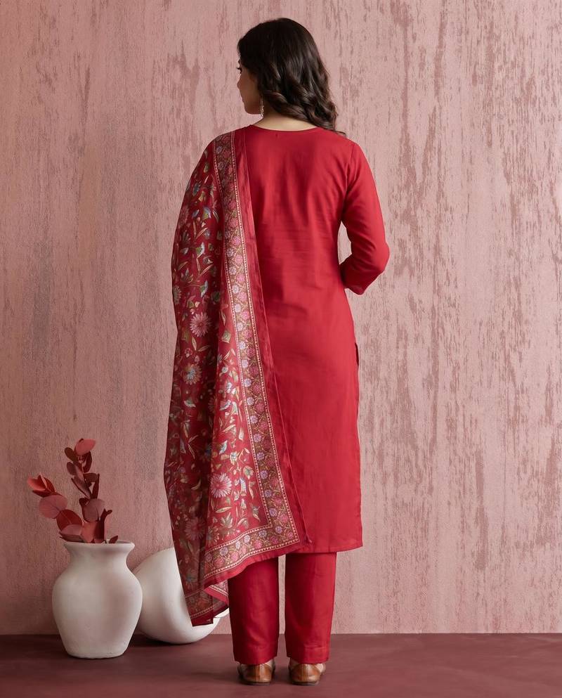 Women's Beautiful Embroidery Work Mul Chanderi Fabric Straight Kurta Pant and Dupatta Set
