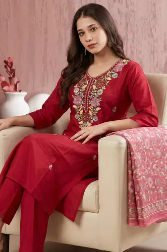 Women's Beautiful Embroidery Work Mul Chanderi Fabric Straight Kurta Pant and Dupatta Set