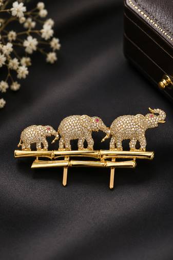 gold plated elephant family designer brooch pin with  ruby-colored stone accents   luxury animal  unisex brooch