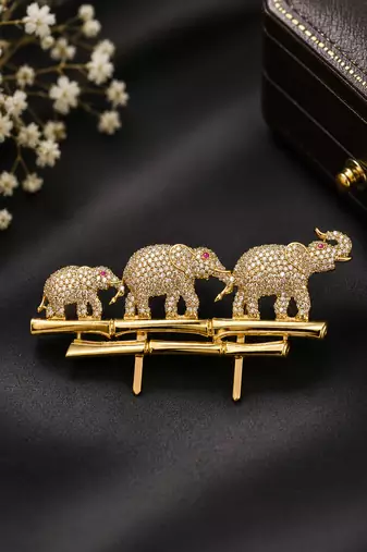 gold plated elephant family designer brooch pin with  ruby-colored stone accents   luxury animal  unisex brooch