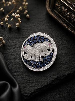 Silver plated elephant couple designer brooch pin with blue marquise stones, luxury animal brooch for unisex 1