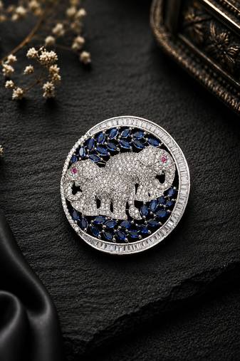 Silver plated elephant couple designer brooch pin with blue marquise stones, luxury animal brooch for unisex
