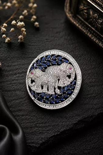 Silver plated elephant couple designer brooch pin with blue marquise stones, luxury animal brooch for unisex