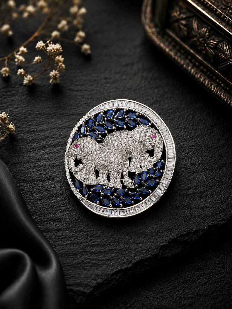 Silver plated elephant couple designer brooch pin with blue marquise stones, luxury animal brooch for unisex