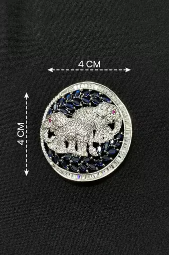 Silver plated elephant couple designer brooch pin with blue marquise stones, luxury animal brooch for unisex