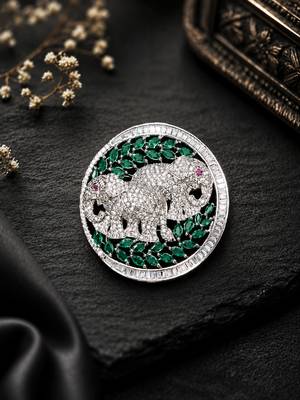 Silver plated elephant couple designer brooch pin with green marquise stones, luxury animal brooch for unisex 1