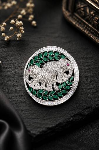 Silver plated elephant couple designer brooch pin with green marquise stones, luxury animal brooch for unisex