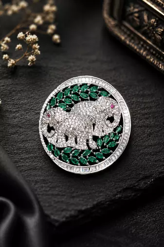 Silver plated elephant couple designer brooch pin with green marquise stones, luxury animal brooch for unisex