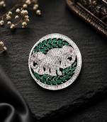 Silver plated elephant couple designer brooch pin with green marquise stones, luxury animal brooch for unisex