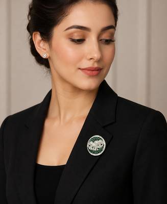 Silver plated elephant couple designer brooch pin with green marquise stones, luxury animal brooch for unisex 3