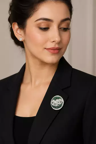 Silver plated elephant couple designer brooch pin with green marquise stones, luxury animal brooch for unisex