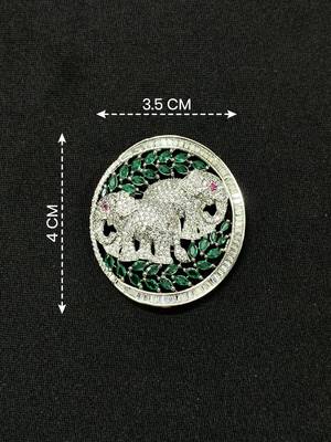 Silver plated elephant couple designer brooch pin with green marquise stones, luxury animal brooch for unisex 4