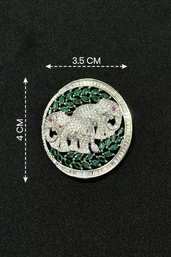 Silver plated elephant couple designer brooch pin with green marquise stones, luxury animal brooch for unisex