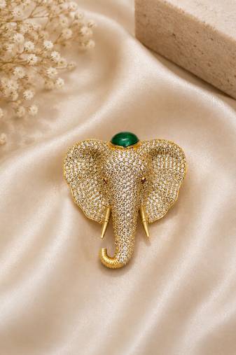Elephant head designer brooch pin with green cabochon stone & luxury animal brooch for unisex