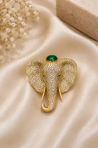 Elephant head designer brooch pin with green cabochon stone & luxury animal brooch for unisex
