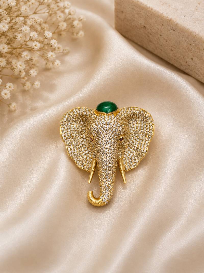 Elephant head designer brooch pin with green cabochon stone & luxury animal brooch for unisex