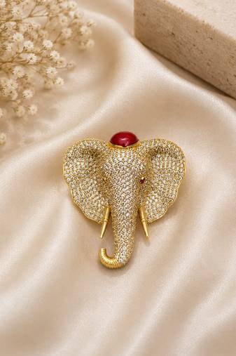 Elephant head designer brooch pin with red cabochon stone & luxury animal brooch for unisex