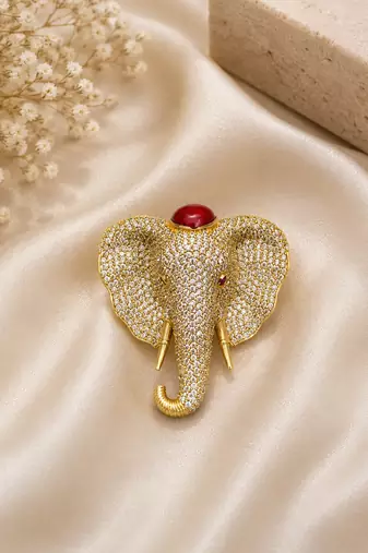 Elephant head designer brooch pin with red cabochon stone & luxury animal brooch for unisex