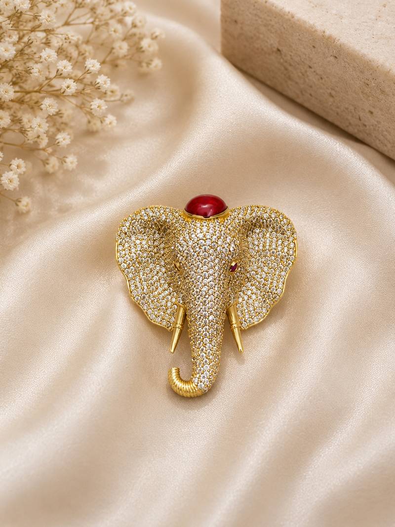 Elephant head designer brooch pin with red cabochon stone & luxury animal brooch for unisex