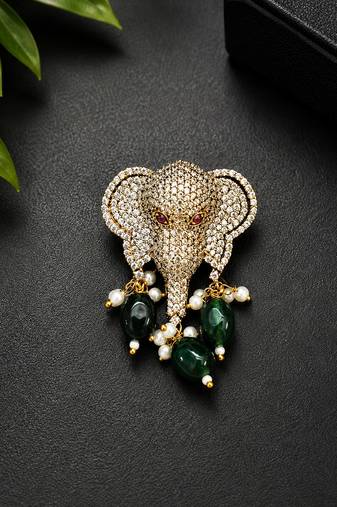 Elephant head designer brooch pin with green cabochon beads, pearl drops & luxury animal brooch for unisex