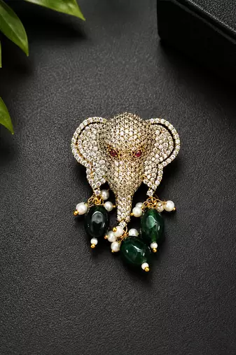 Elephant head designer brooch pin with green cabochon beads, pearl drops & luxury animal brooch for unisex