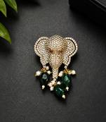 Elephant head designer brooch pin with green cabochon beads, pearl drops & luxury animal brooch for unisex