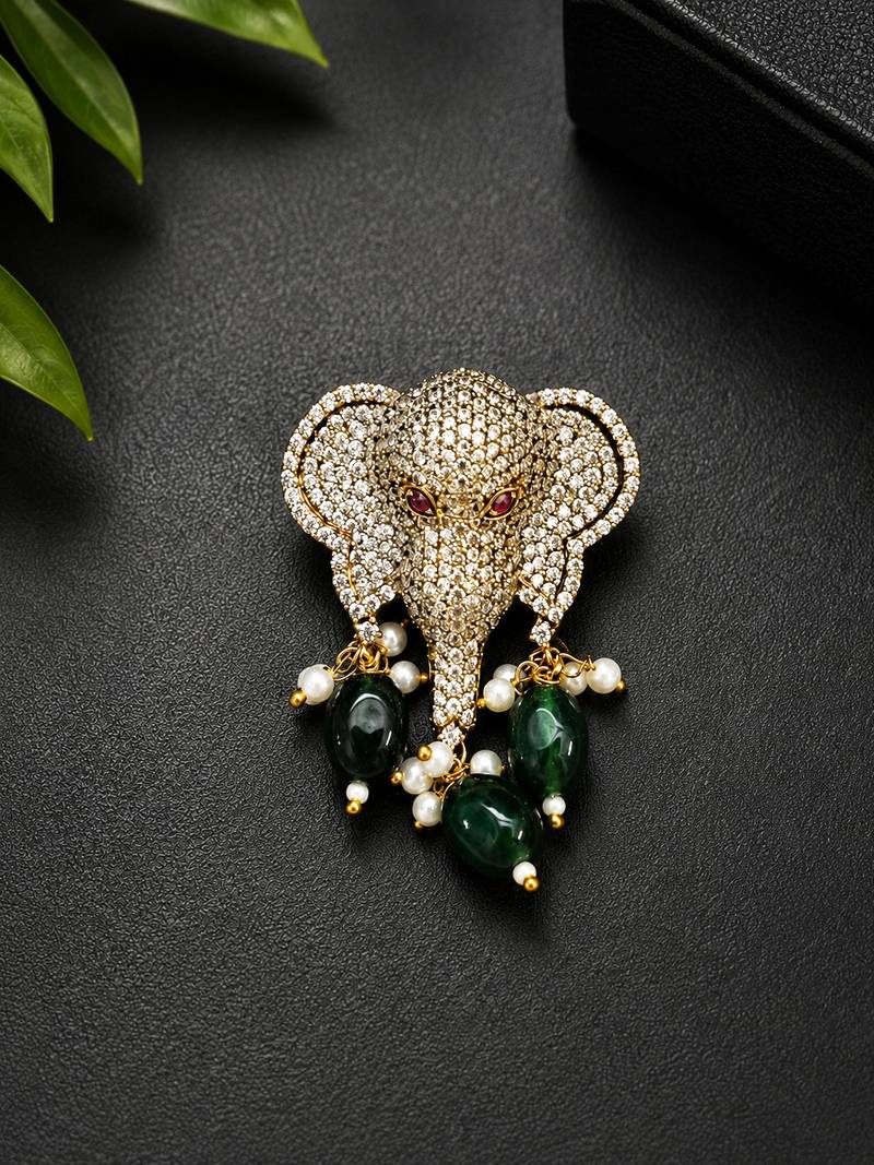 Elephant head designer brooch pin with green cabochon beads, pearl drops & luxury animal brooch for unisex
