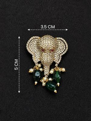 Elephant head designer brooch pin with green cabochon beads, pearl drops & luxury animal brooch for unisex 4
