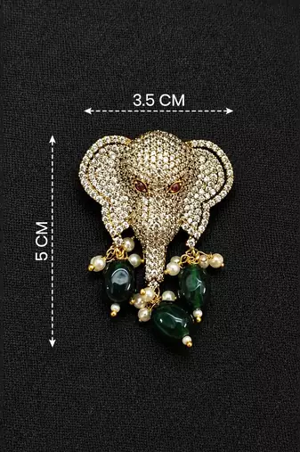Elephant head designer brooch pin with green cabochon beads, pearl drops & luxury animal brooch for unisex