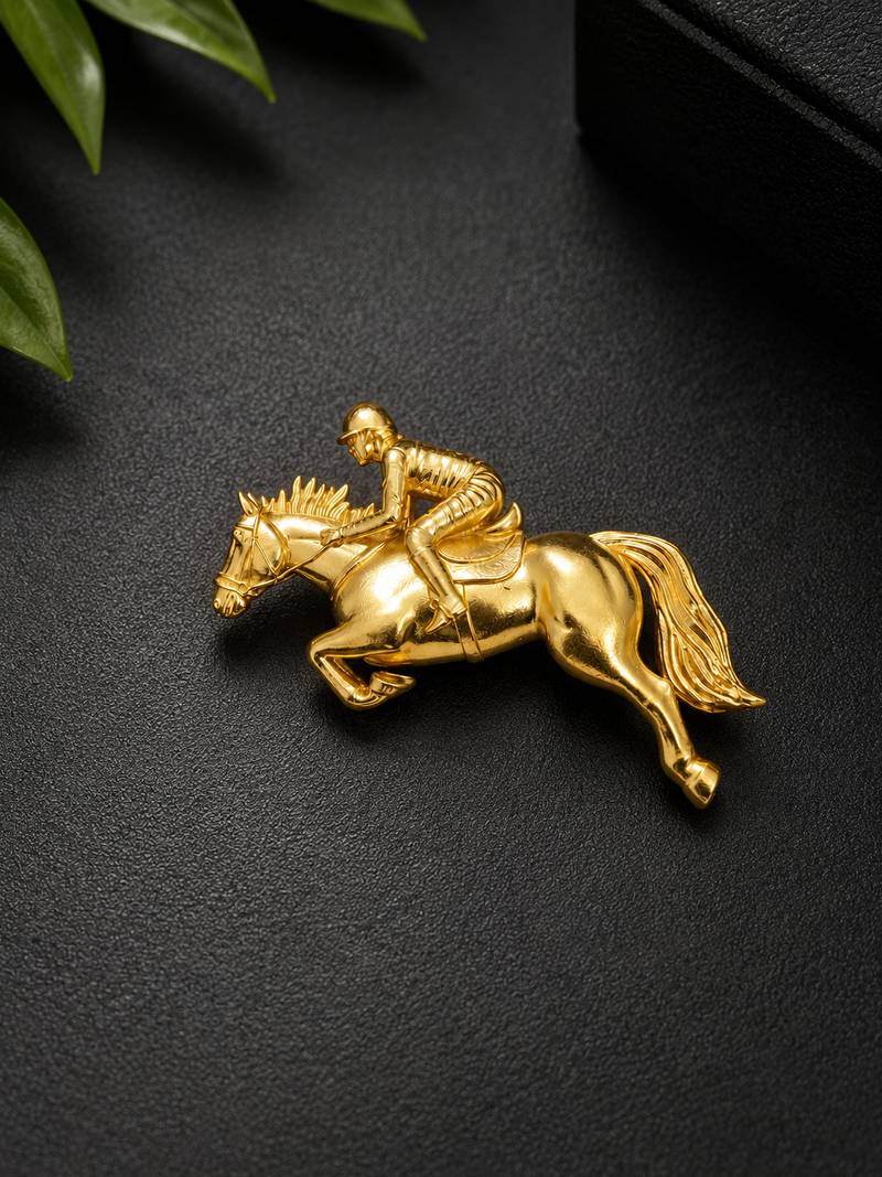 gold plated horse rider designer brooch pin   equestrian racing horse statement brooch for women & men