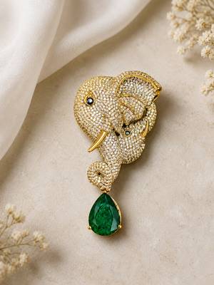 Mother & baby elephant designer brooch pin with green pear-cut stone luxury animal brooch for unisex 1